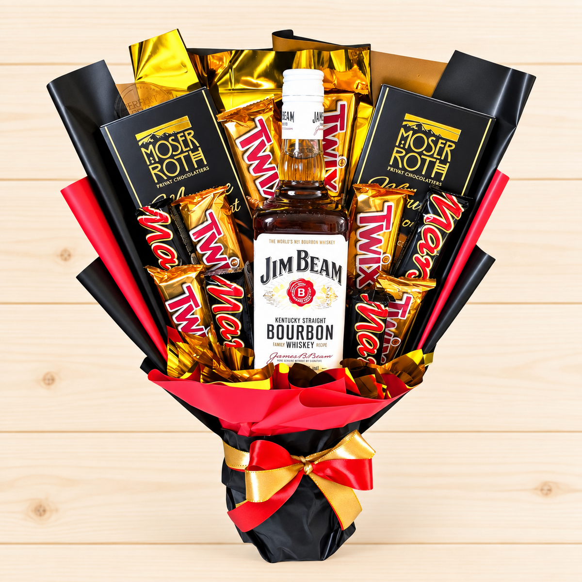 Jim Beam Whiskey Geschenkstrauß mit Twix, Mars & Moser Roth