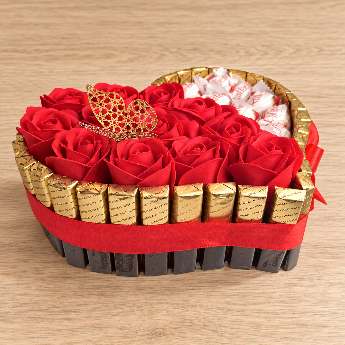 Elegant heart cake with Merci and Ferrero chocolates – Romantic gift with soap roses