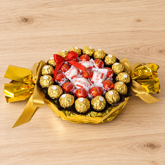 Goldglanz im Bonbonformat – Pralinengeschenk mit Ferrero Rocher, Lindor & Raffaello