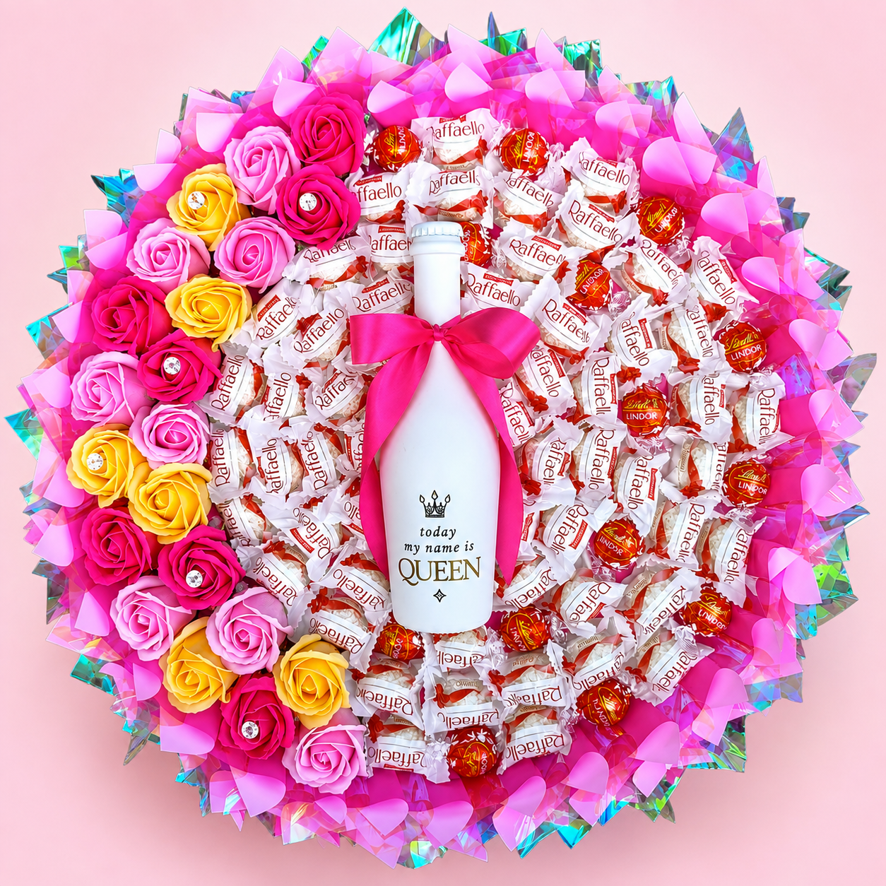 Raffaello Blumenstrauß XL mit Seifenrosen, Lindor & Weißwein – Geschenk für Frauen