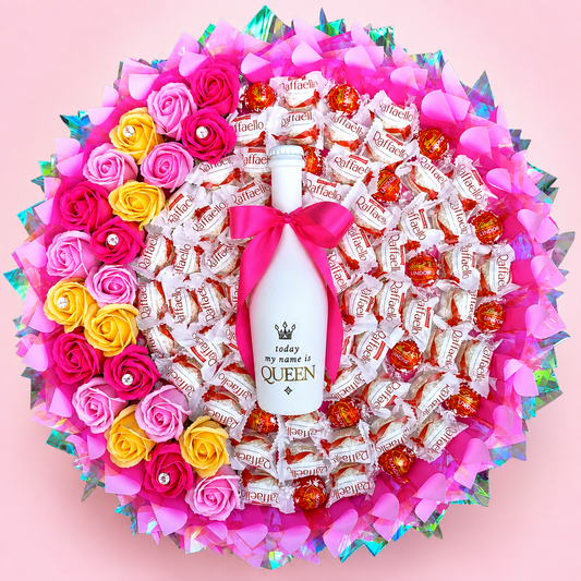 Raffaello Blumenstrauß XL mit Seifenrosen, Lindor & Weißwein – Geschenk für Frauen