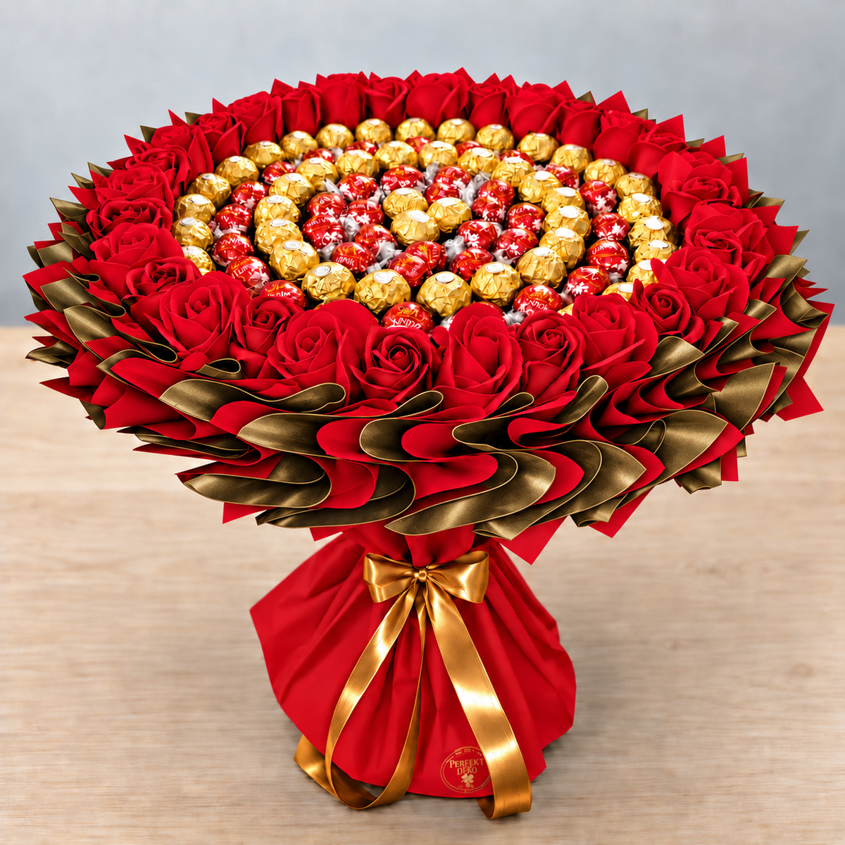 Pralinenstrauß Rot-Gold mit Ferrero Rocher, Lindt Lindor Vollmilch und Seifenrosen