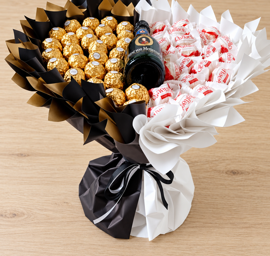 Ferrero Rocher und Raffaello Herzstrauß mit Fürst von Metternich Sekt