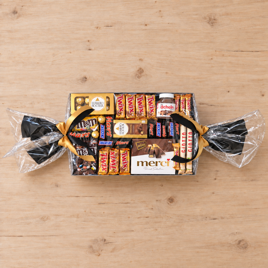 XL Geschenkbonbon in Schwarz-Gold – Schokoladengeschenk mit Ferrero Rocher, TWIX und Nutella