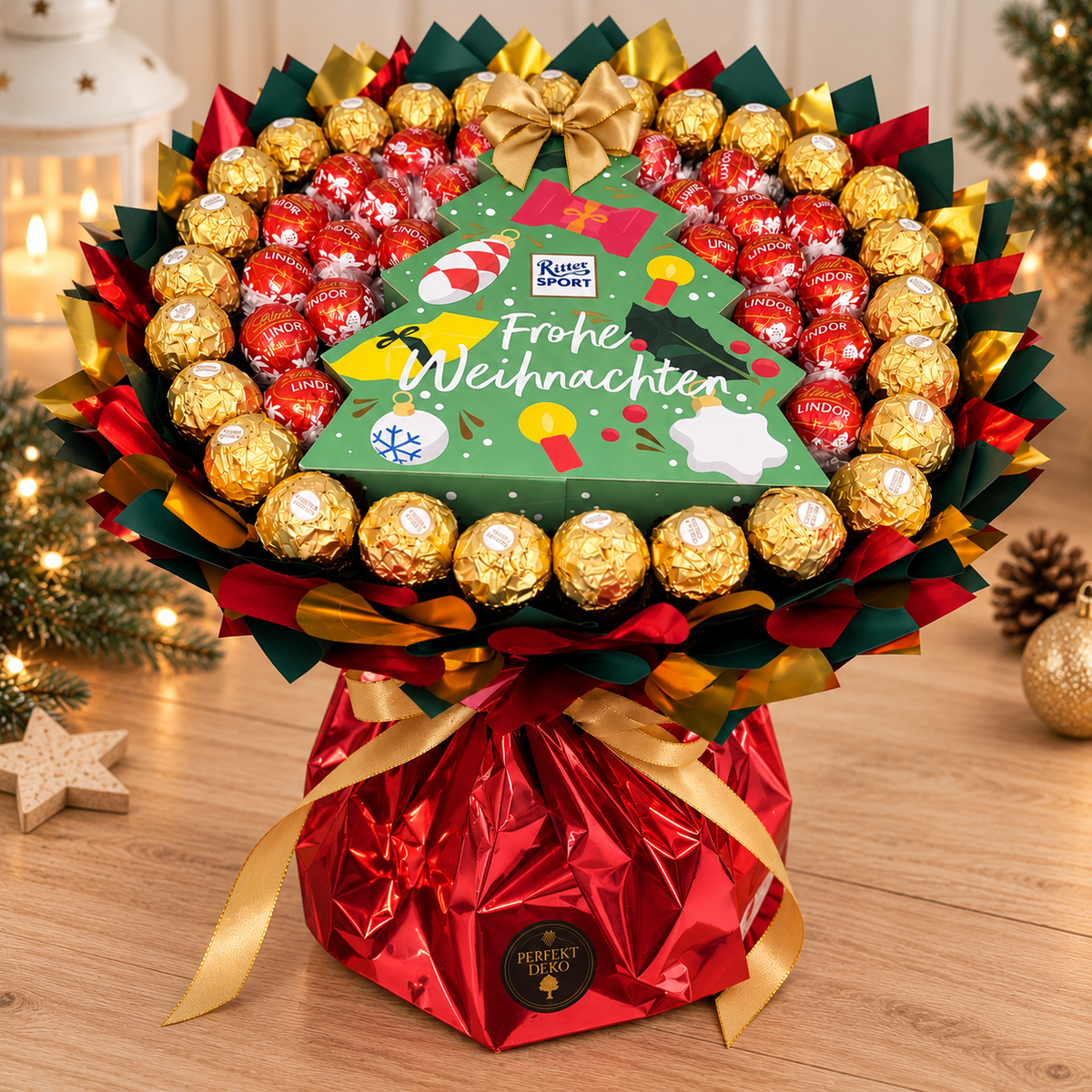 Weihnachtsgeschenk Schokoladenstrauß mit Ferrero Rocher, Lindt Lindor & Ritter Sport
