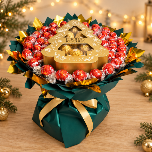 Weihnachtlicher Schokoladenstrauß mit Ferrero Rocher Tanne und Lindt Lindor