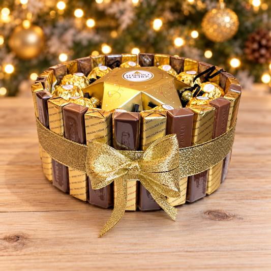 Goldene Schokoladentorte mit Ferrero Rocher und Merci – Weihnachtsgeschenk mit Pralinen