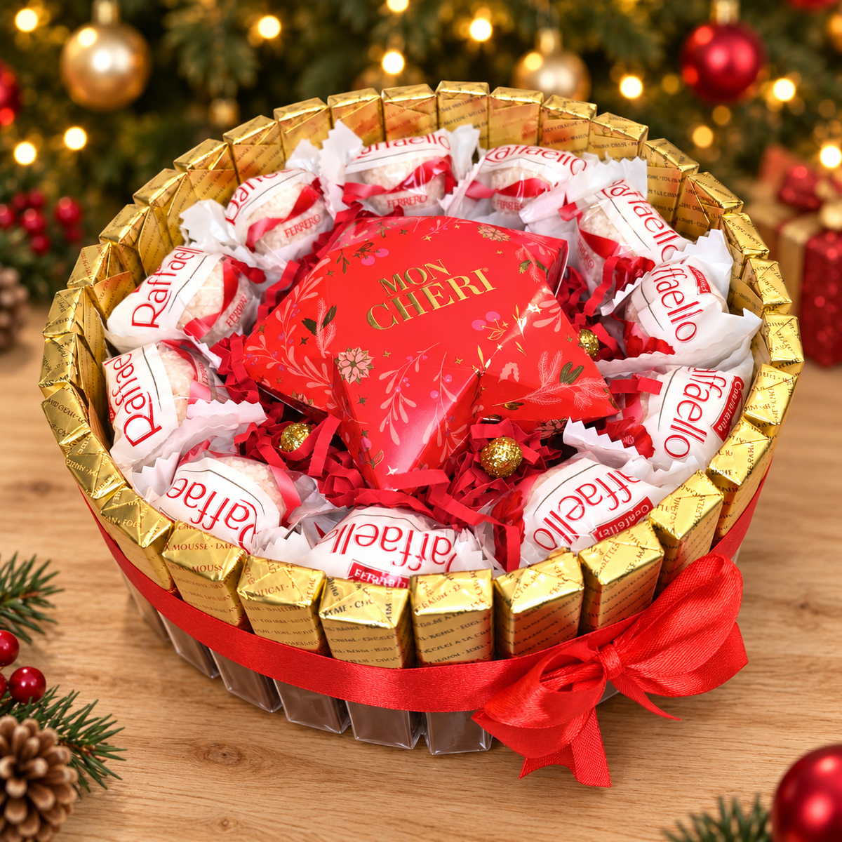Weihnachtliche Süßigkeitentorte mit Merci, Raffaello und Mon Chéri-Stern