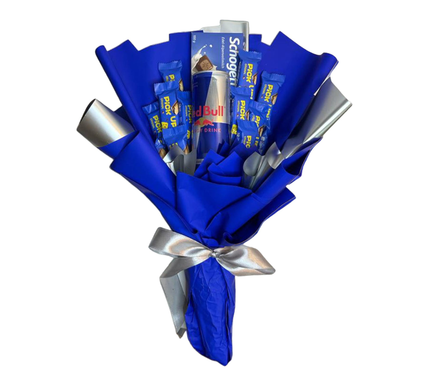 Energisk nydelsesbuket med Pick Up, Schogetten & Red Bull - opkvikkende gave til aktive kendere