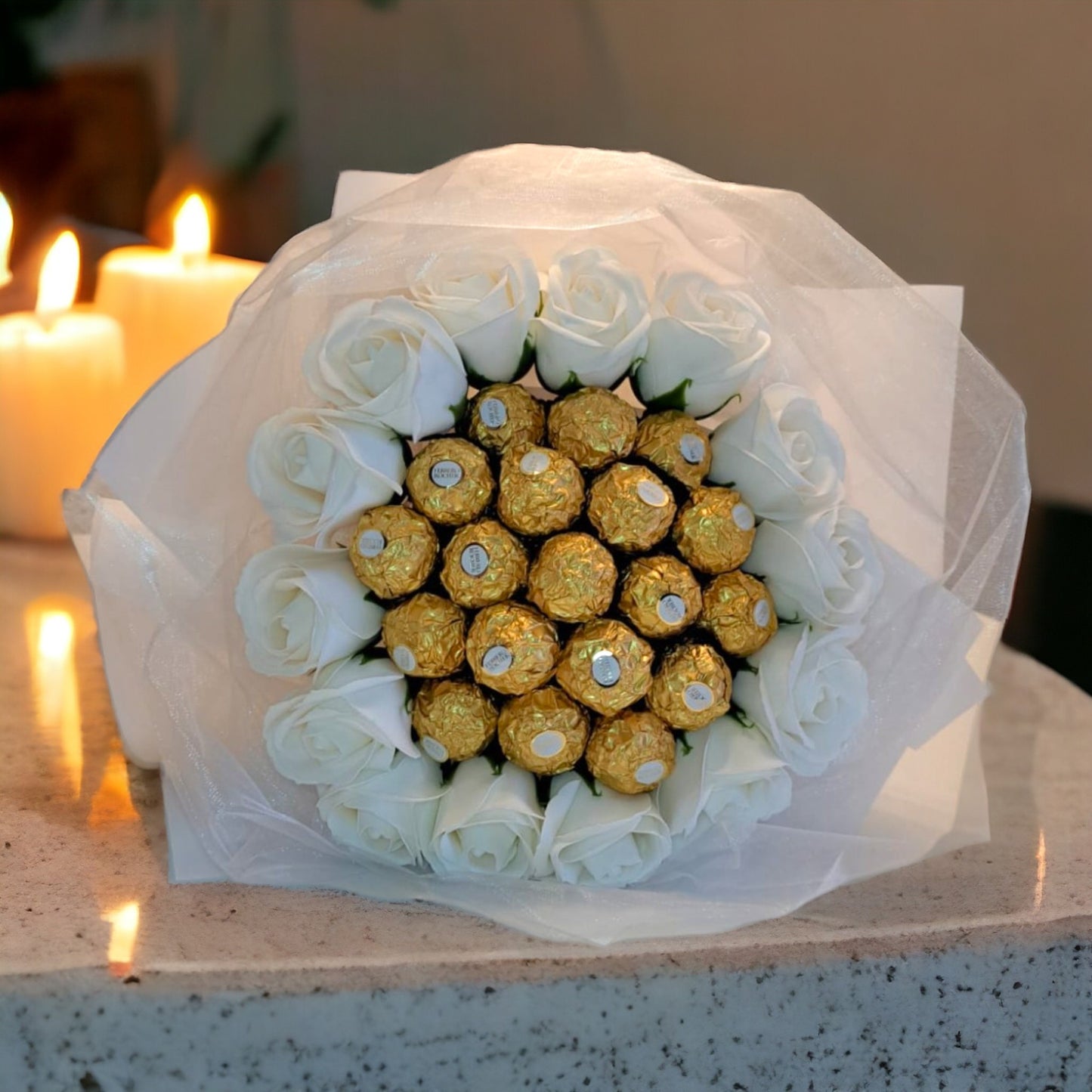 Exclusive bridal bouquet in white – luxurious Ferrero Rocher chocolates & soap roses
