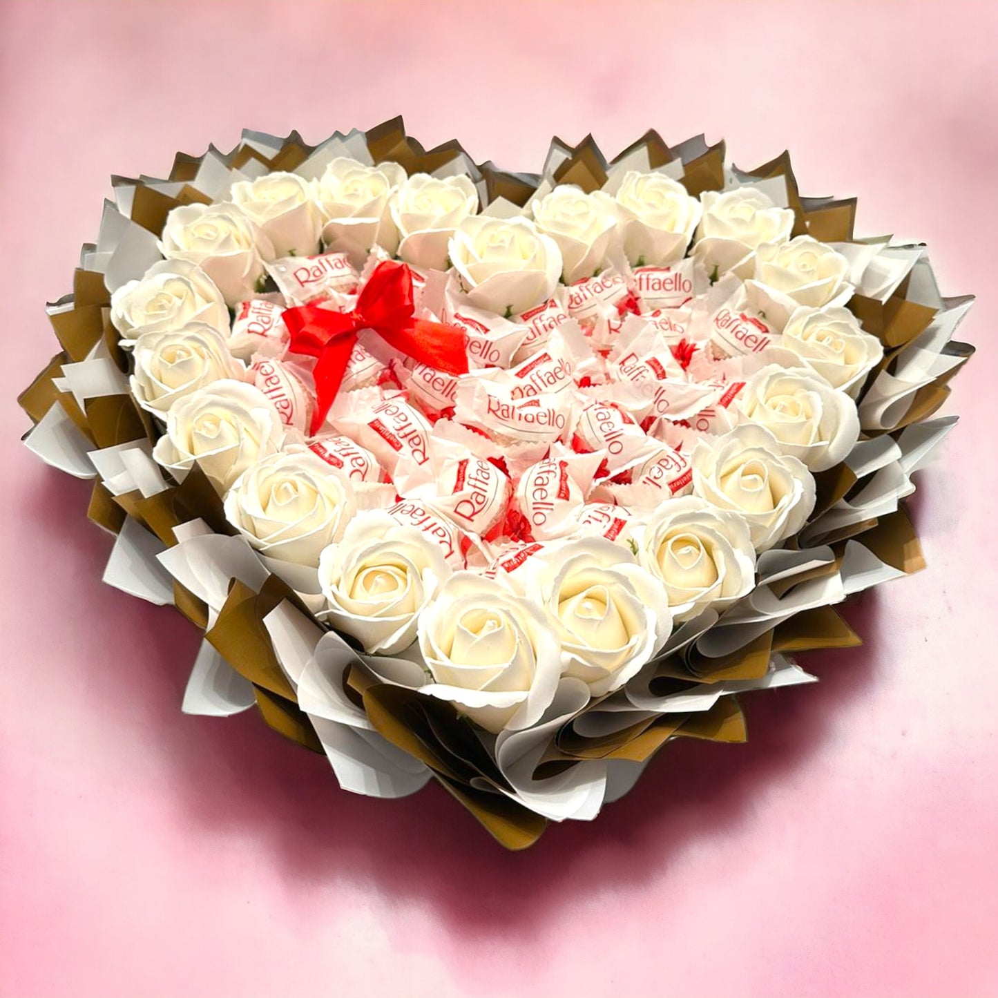 Heart-shaped bouquet of pleasure "Raffaello & White Roses" - Exclusive gift for Valentine's Day and special moments