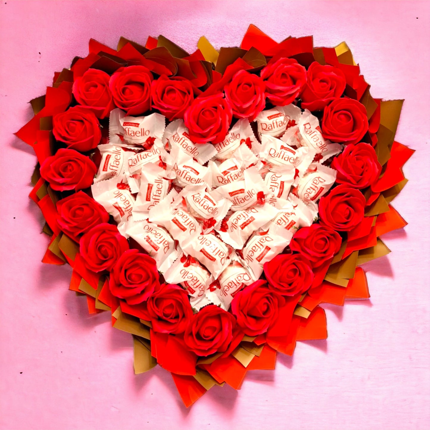 Heart-shaped bouquet of pleasure "Raffaello & Red Roses" - Romantic gift for Valentine's Day and special occasions