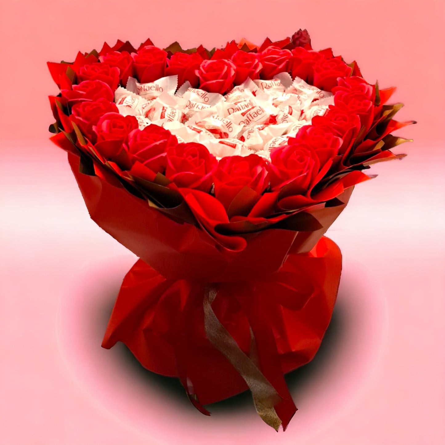 Heart-shaped bouquet of pleasure "Raffaello & Red Roses" - Romantic gift for Valentine's Day and special occasions