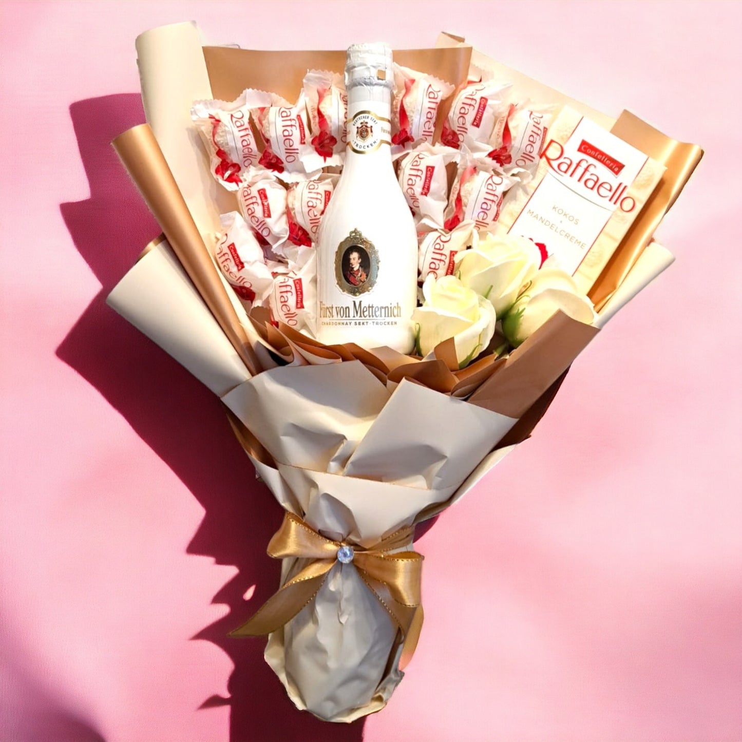 Elegant bouquet "Cream" – Raffaello chocolates and sparkling wine for connoisseurs