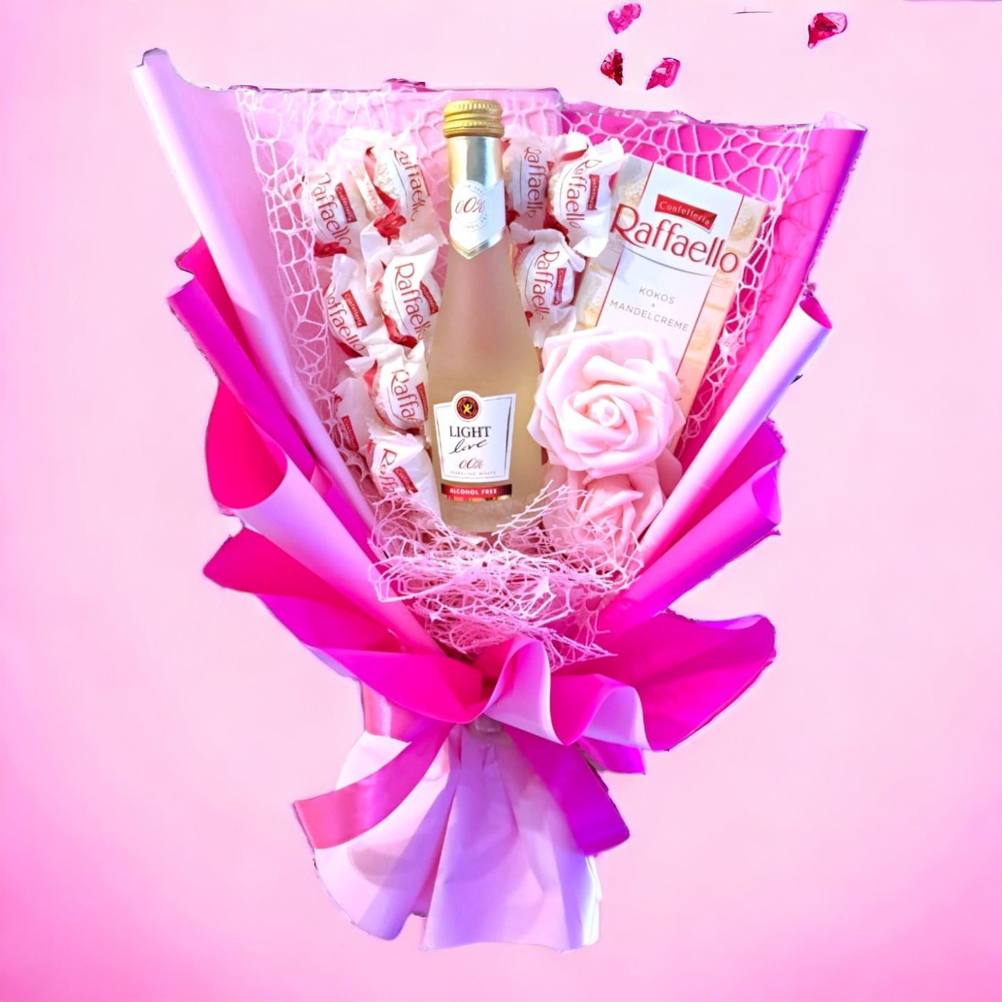 Essbarer Blumenstrauß "Pink" mit Raffaello, Live Light & künstlichen Rosen – Romantisches Geschenk für besondere Anlässe