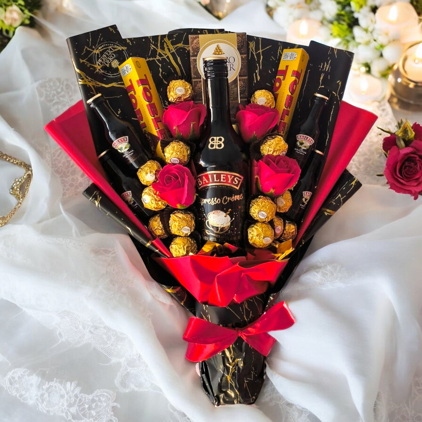 Essbarer Genussstrauß mit Baileys, Ferrero Rocher & Toblerone – Exklusives Geschenk für festliche Anlässe