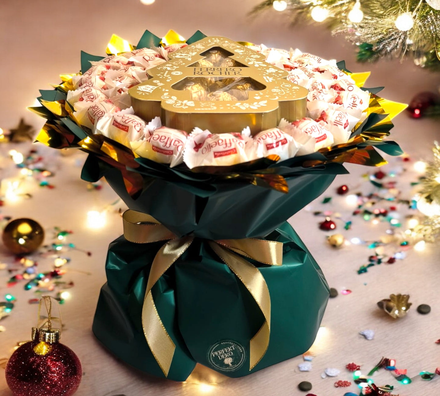 Weihnachtlicher Ferrero Rocher Genuss: Edler Strauß mit Tannenbaum-Schokolade – Perfektes Geschenk