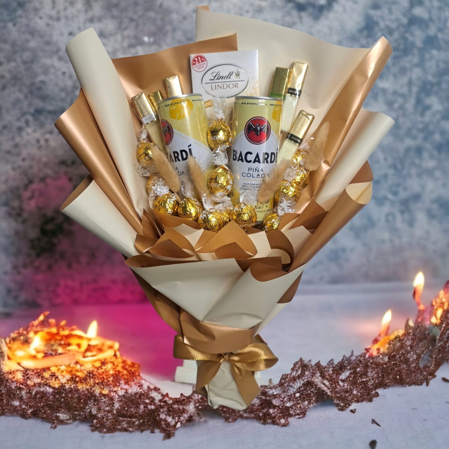 "Bacardi" pleasure bouquet - luxurious gift with Lindt, Merci & Bacardi Pina Colada