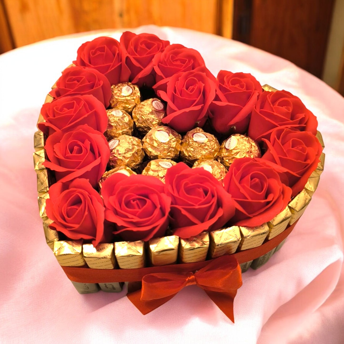 Candy heart cake with Merci chocolate, Ferrero pralines & soap roses – Romantic gift idea