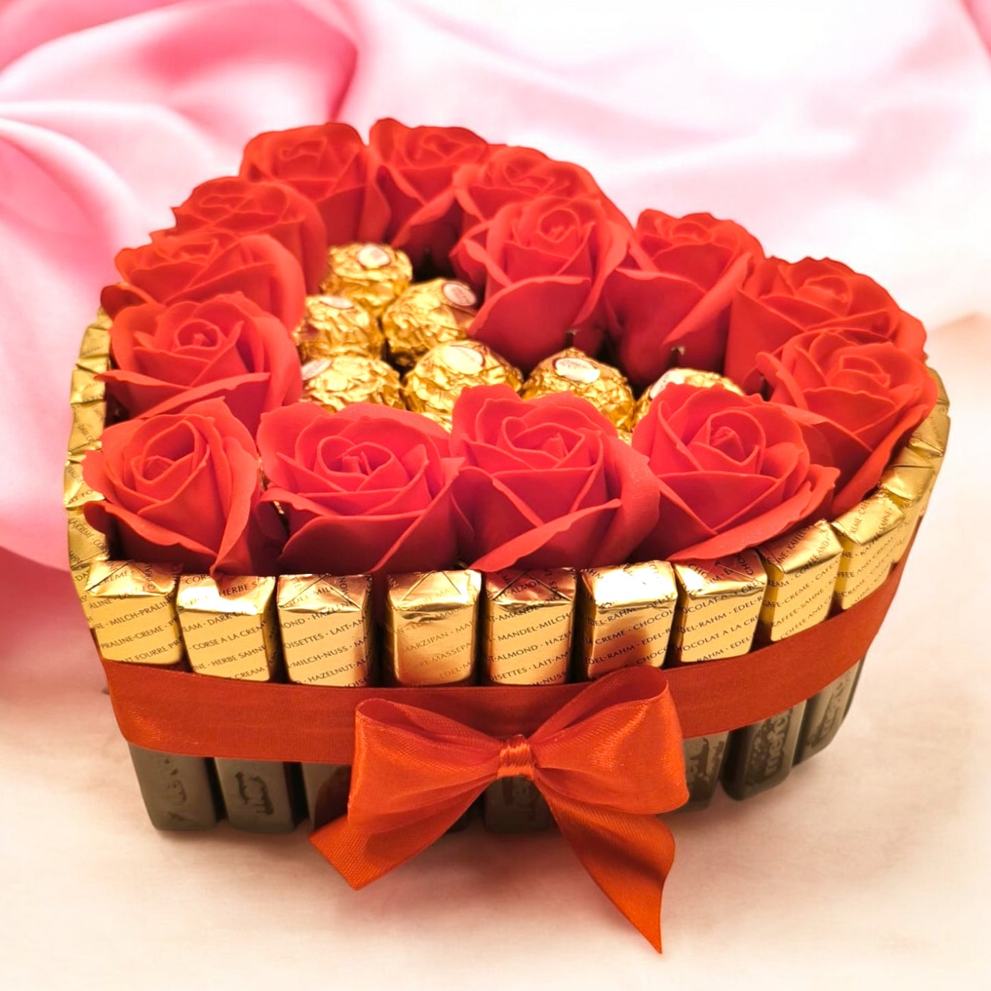 Candy heart cake with Merci chocolate, Ferrero pralines & soap roses – Romantic gift idea