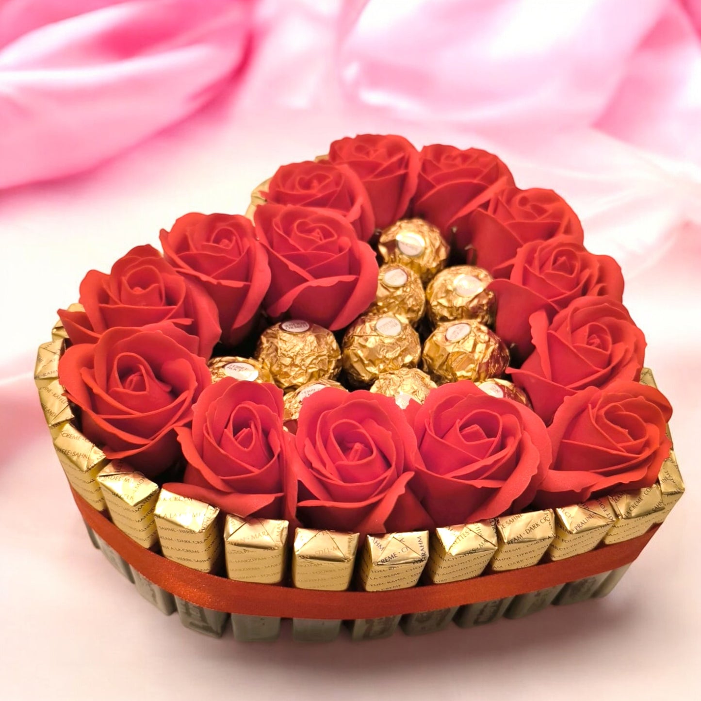 Candy heart cake with Merci chocolate, Ferrero pralines & soap roses – Romantic gift idea