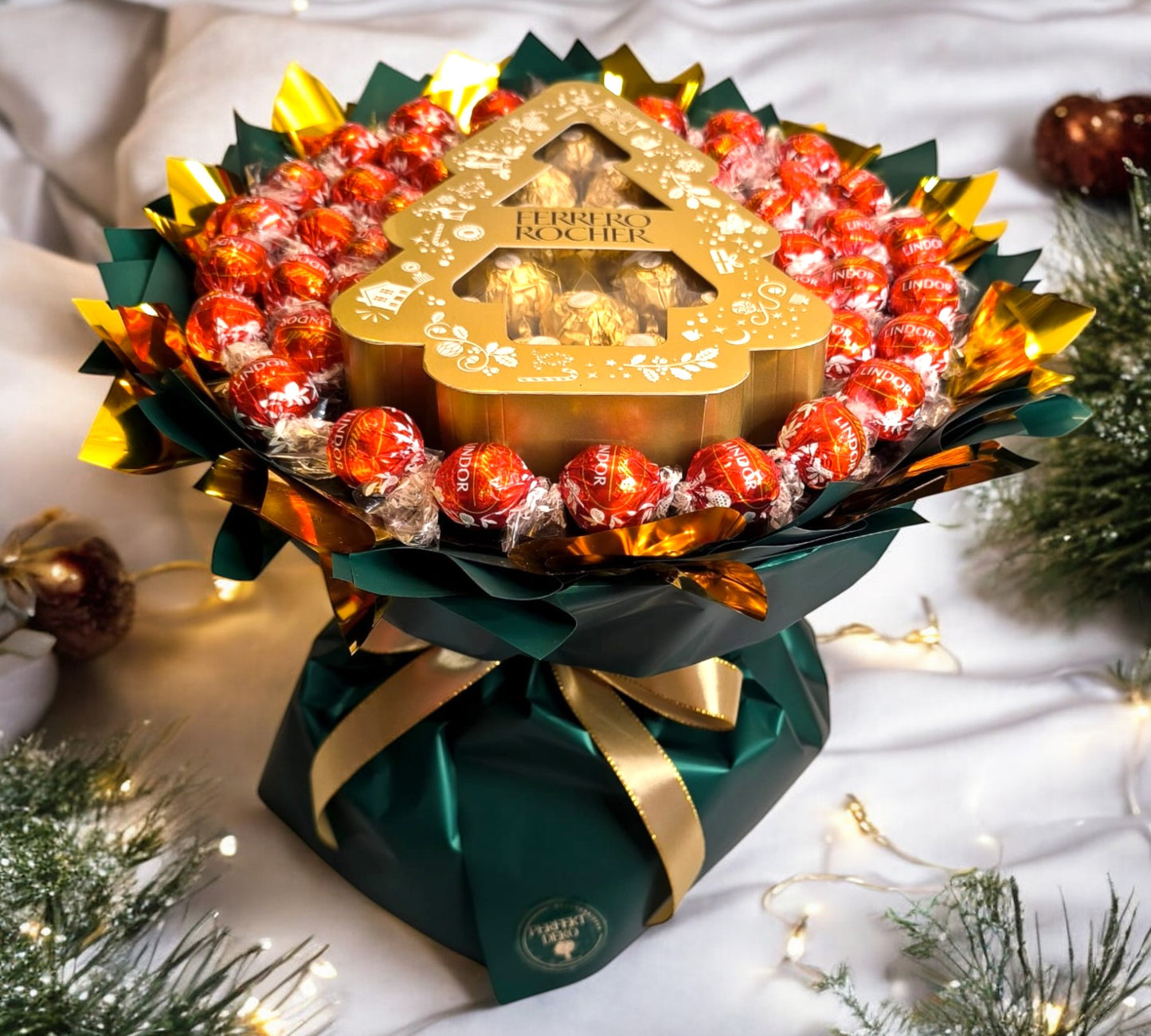 Lindor & Ferrero Rocher Strauß – Luxus-Pralinen im festlichen Weihnachtsbouquet