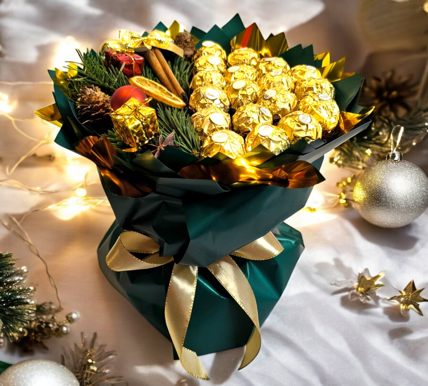Weihnachtlicher Mini Ferrero Rocher Strauß: Edle Pralinen mit Zimt, Orangen & festlicher Deko – Ideal als Geschenk