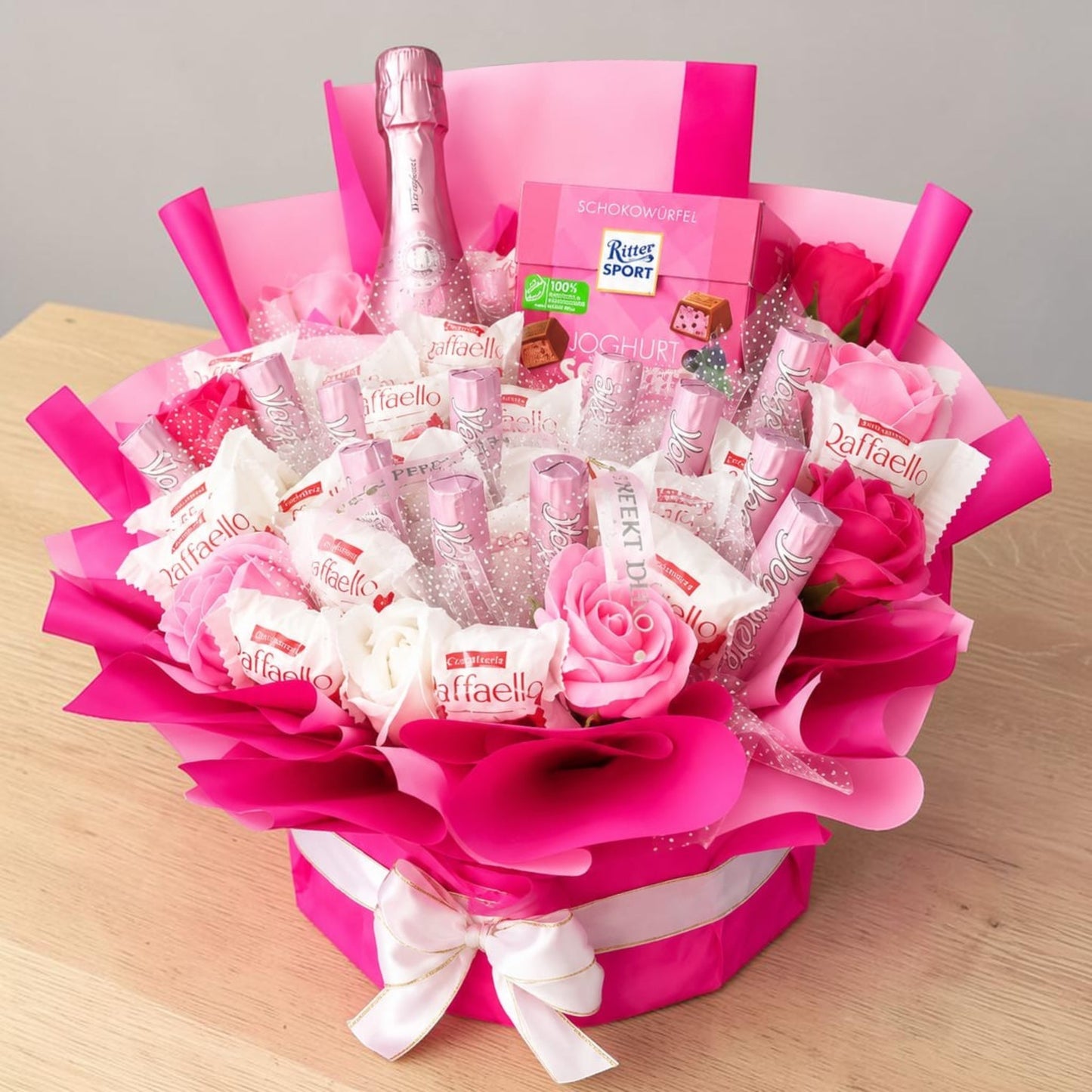 Luxus Geschenkbox mit Raffaello, Freixenet Rosé, Ritter Sport & Seifenrosen