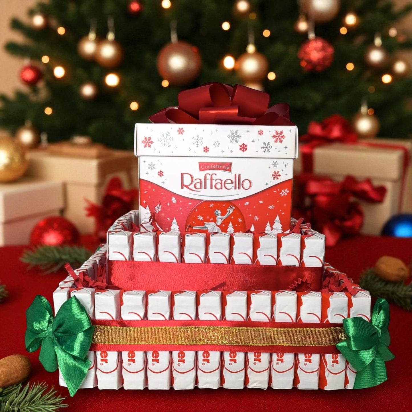 Kinder Schokolade Torte mit Raffaello Geschenkbox – Edle Geschenktorte aus Schokolade | Weihnachtsgeschenk für Männer & Frauen | Handgemacht von Perfekt Deko