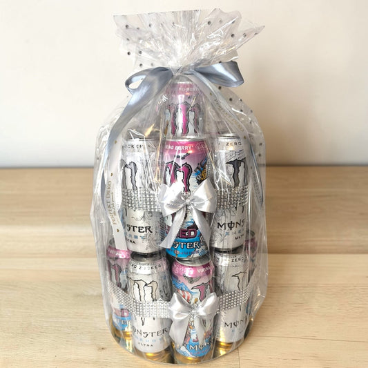 Energy Drink Tower mit Monster Ultra White und Viking Berry Geschenk Set – Energie Drink Geschenk Idee für Männer Geburtstag Party Überraschung