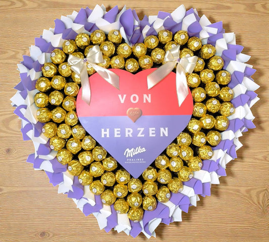 Ferrero Rocher Herz Strauss Deluxe XL mit Milka Pralinen – großer Schokoladenstrauss Herzform lila gold Geschenk