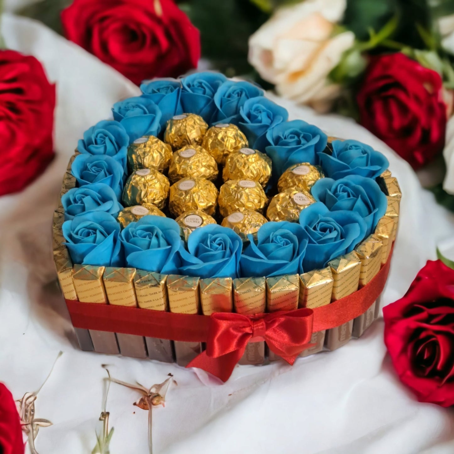 Candy heart cake with Merci chocolate, Ferrero pralines & soap roses – Romantic gift idea