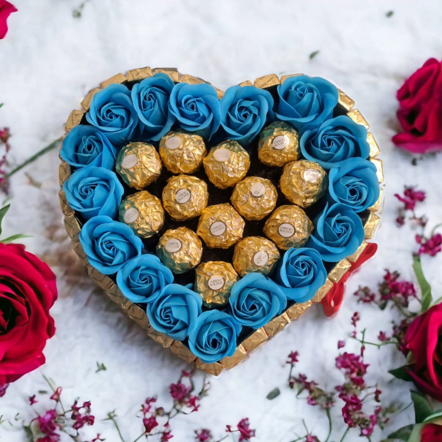 Candy heart cake with Merci chocolate, Ferrero pralines & soap roses – Romantic gift idea