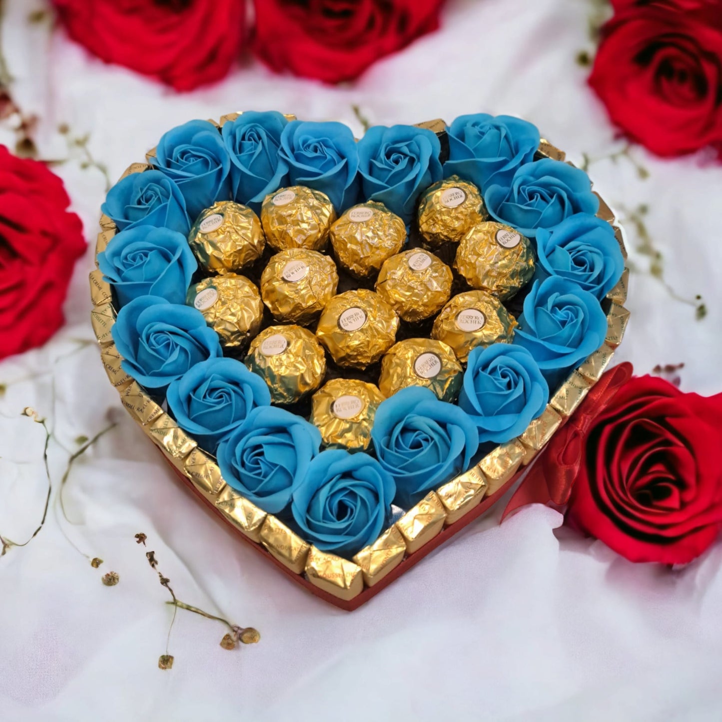 Candy heart cake with Merci chocolate, Ferrero pralines & soap roses – Romantic gift idea