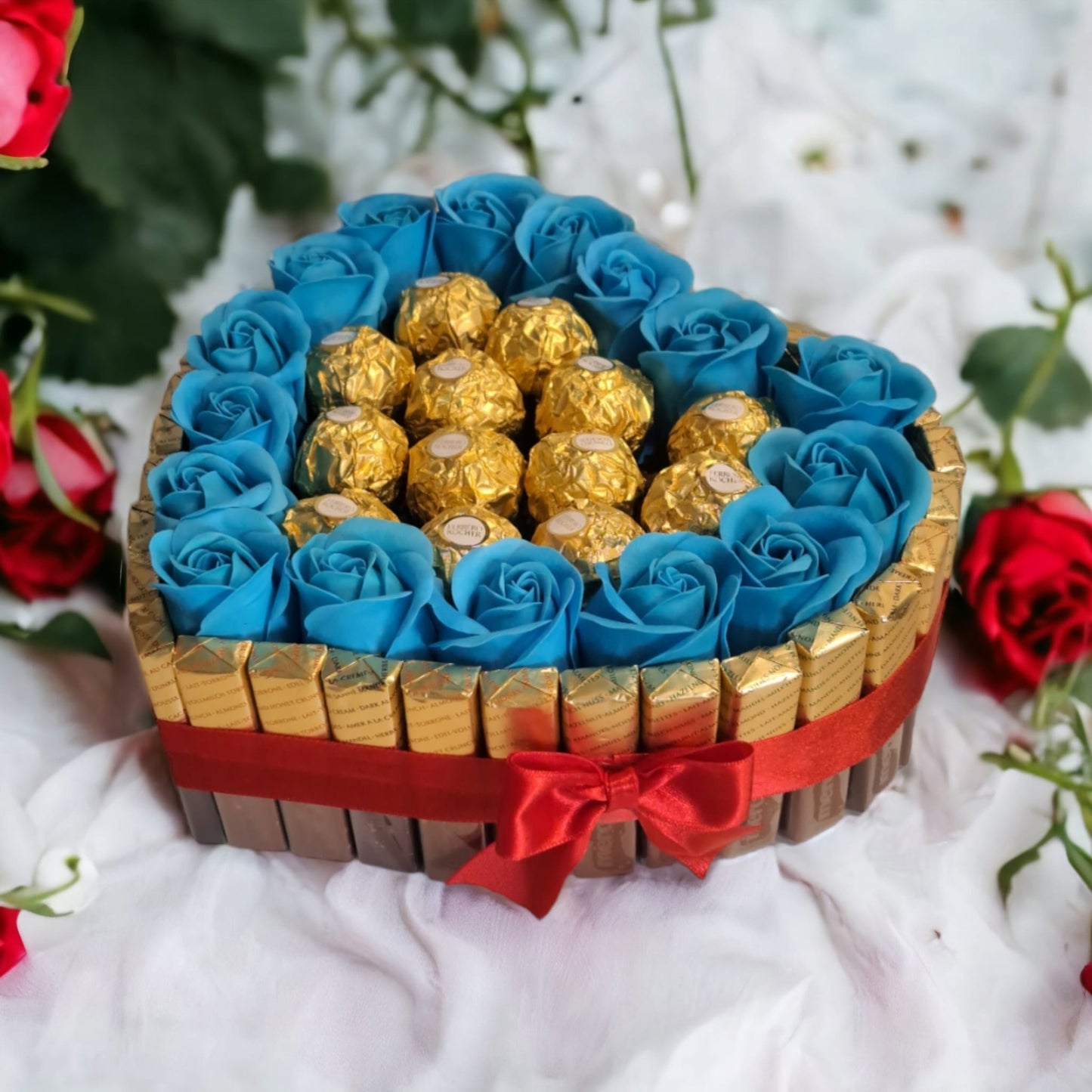 Candy heart cake with Merci chocolate, Ferrero pralines & soap roses – Romantic gift idea
