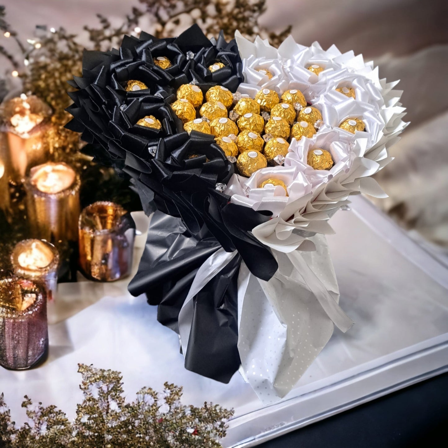 Exclusive Ferrero Rocher chocolate bouquet – noble gift with praline heart and satin ribbons for special occasions