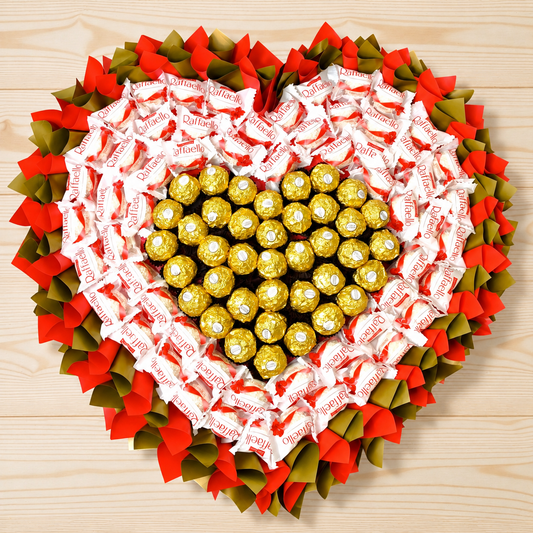 Goldenes Pralinenherz XL – Geschenkstrauß mit Ferrero Rocher & Raffaello