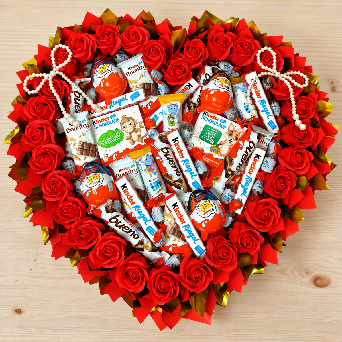 Kinder Schokolade Strauss Deluxe XL – Herz mit roten Rosen