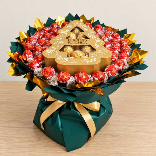 Weihnachtlicher Schokoladenstrauß mit Ferrero Rocher Tanne und Lindt Lindor