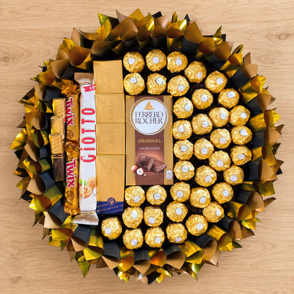 Schokoladenstrauß in Schwarz-Gold mit Ferrero Rocher, Merci und Twix