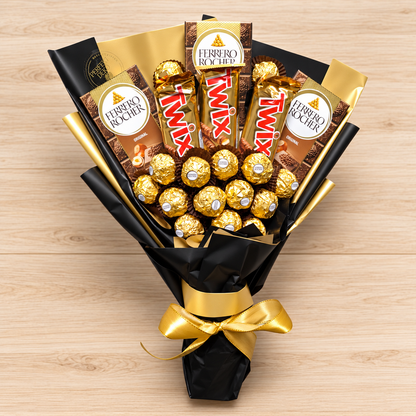 Handgefertigter Genussstrauß mit Ferrero Rocher, Ferrero Schokoladentafeln & Twix – Exklusives Geschenk für besondere Anlässe