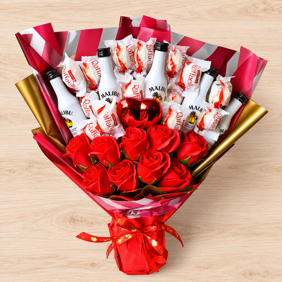 Edible bouquet with Malibu, Raffaello &amp; red soap roses – Romantic gift for Valentine's Day &amp; special occasions