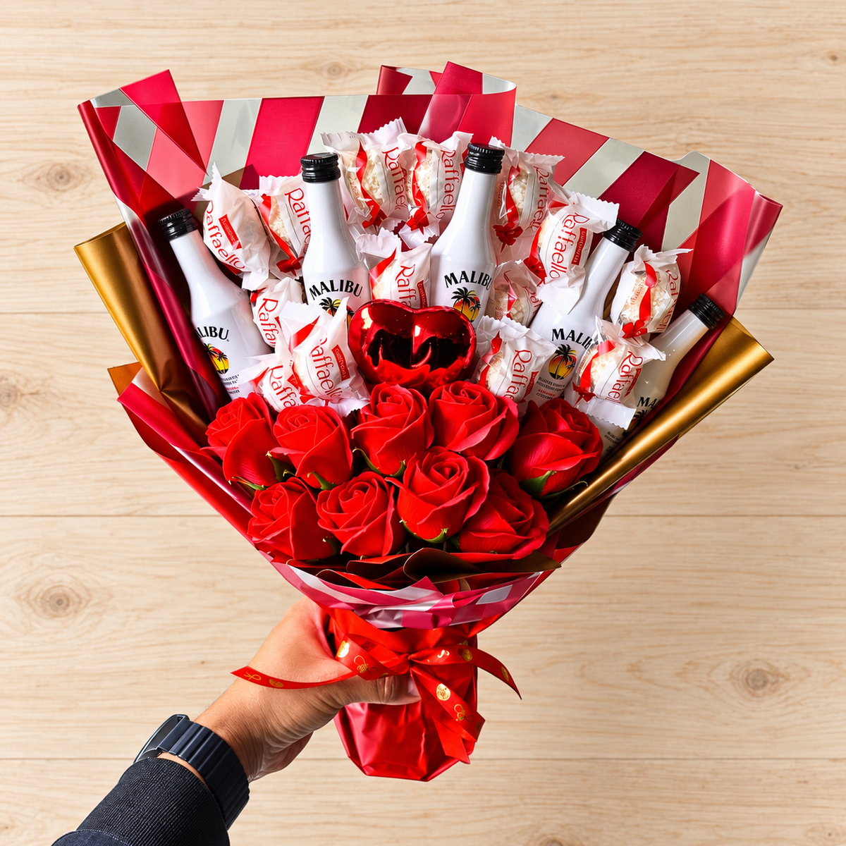 Edible bouquet with Malibu, Raffaello &amp; red soap roses – Romantic gift for Valentine's Day &amp; special occasions