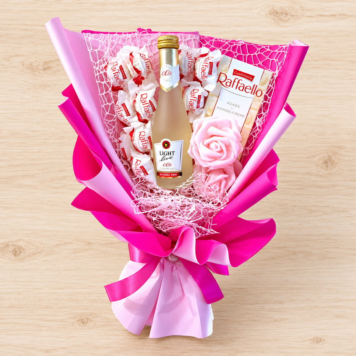 Edible bouquet "Pink" with Raffaello, Live Light &amp; artificial roses - Romantic gift for special occasions
