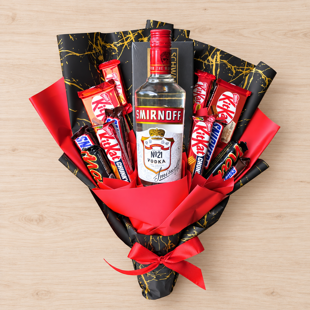 Edible bouquet of delights with Snickers, KitKat, Mars &amp; Smirnoff Vodka – Luxurious gift for special occasions 