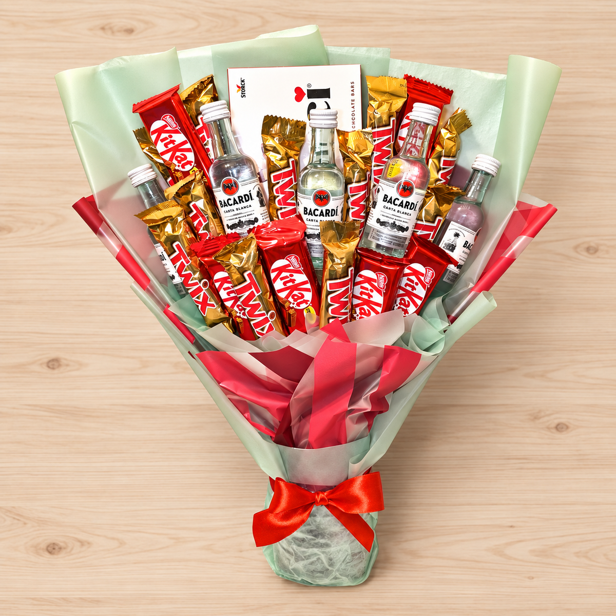 "Delicious Surprise" – Handcrafted bouquet with Bacardi miniatures and chocolate highlights