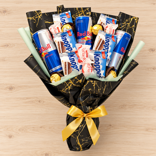 Energetic pleasure bouquet with Knoppers, Ferrero Rocher, Raffaello &amp; Red Bull – Powerful gift for active connoisseurs