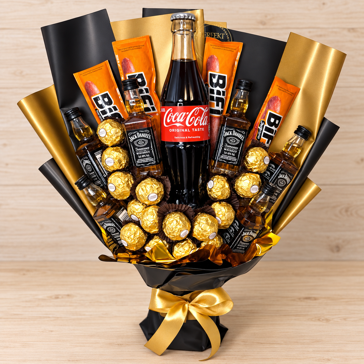 Jack Daniel's & Cola Strauss mit Ferrero Rocher und BiFi – Geschenk für Männer