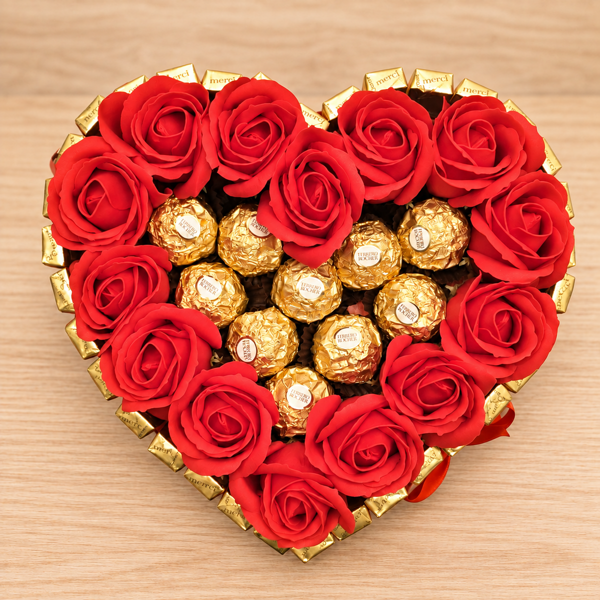 Candy heart cake with Merci chocolate, Ferrero pralines &amp; soap roses – Romantic gift idea