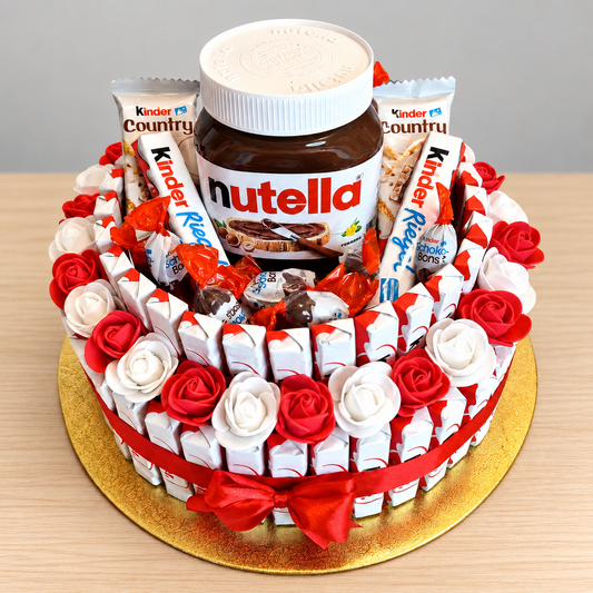 Kinder Nutella Traumtorte – Süßigkeitentorte mit Schaumrosen